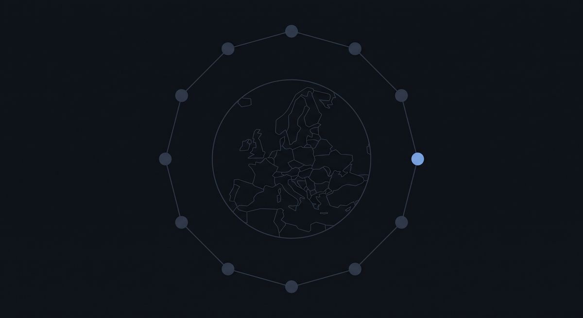 Outline map of Europe inside a ring of twelve nodes, one highlighted — the EU sovereignty motif